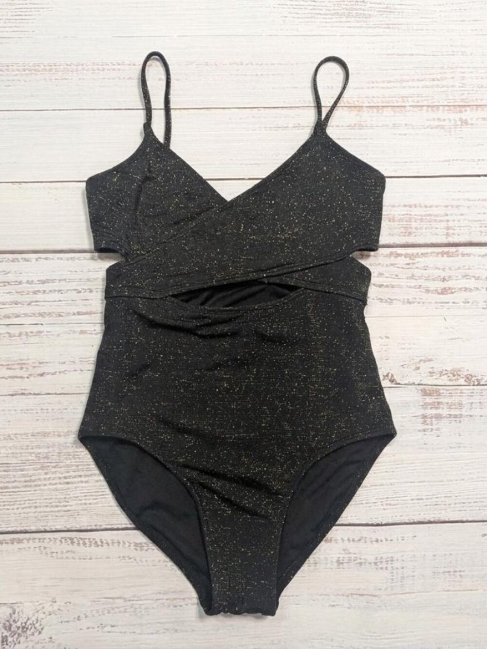 Art Class Girls L (10-12) Bathing Suit One Piece Black Gold Glitter Straps